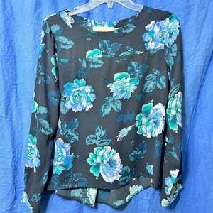 LOFT Navy Blue and Teal Green Floral Long Sleeve Blouse XS